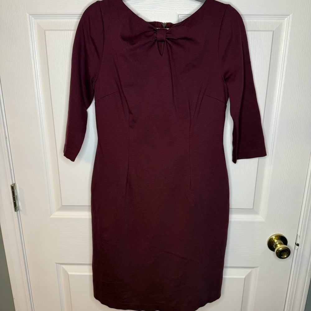 Talbots Rich Burgundy Eggplant Long Sleeve Dress Bow Detail Size 4 Petite GUC